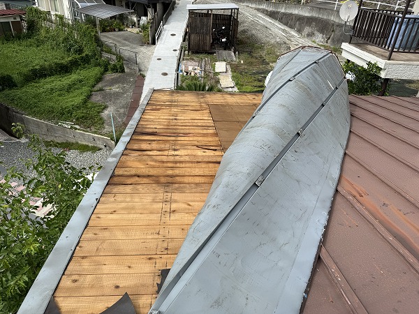 棟板金下の木下地露出
