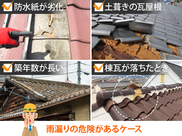 防水紙が劣化していたり、土葺きの瓦屋根であったり、築年数が長い、棟瓦が落ちたときなどは雨漏りの危険があるケースです